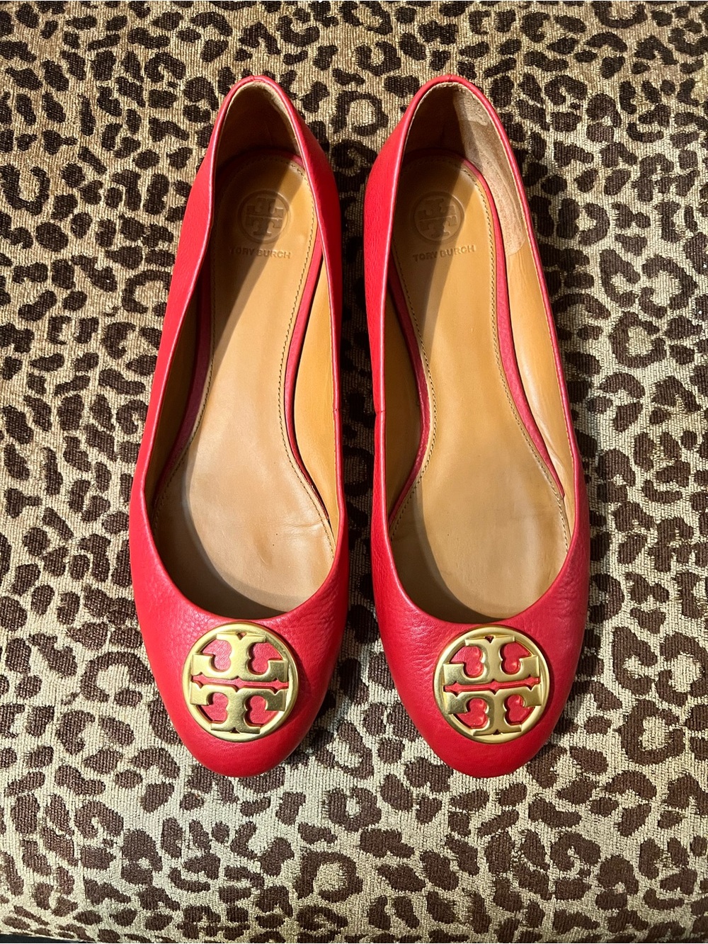 Tory Burch Red Leather Logo Round-Toe Ballet Flats